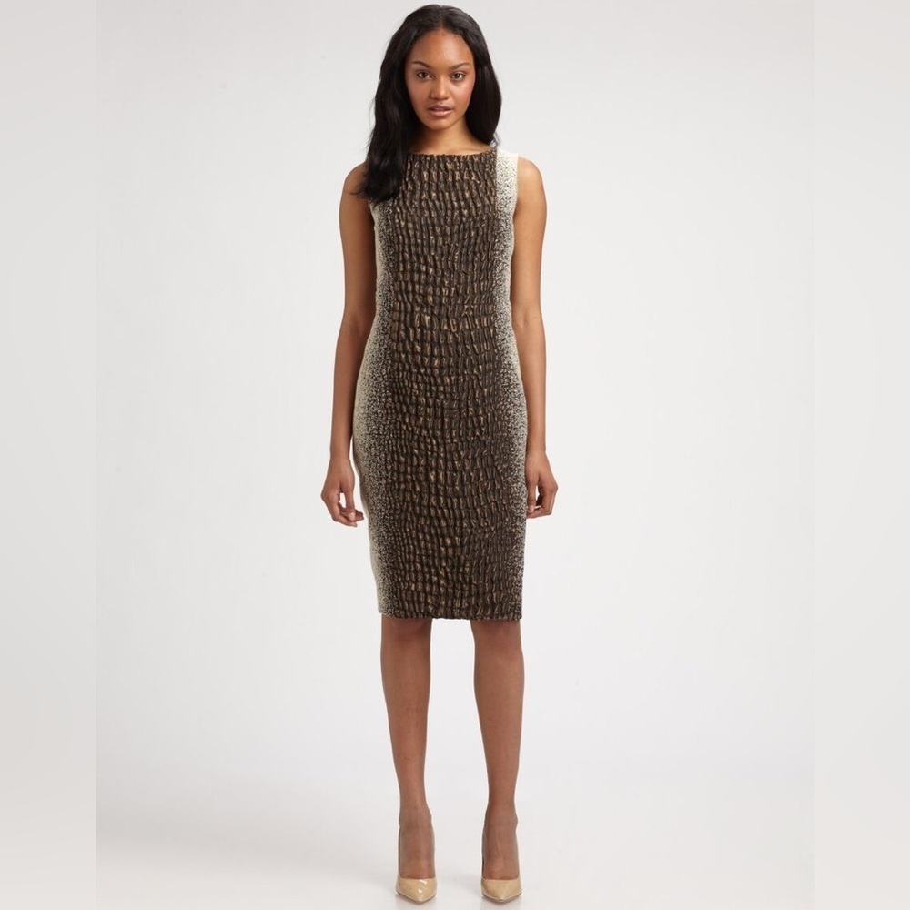 Lafayette 148 New York Faith Croc Textured Sleeveless Brown Shift Dress EUC Sz 2